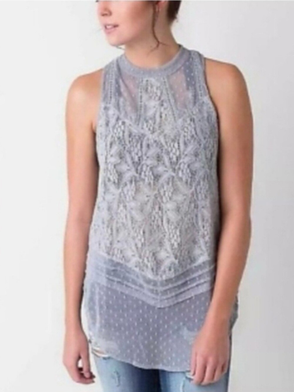 *Free People* Sleeveless Lace Overlay Tunic - Light Gray